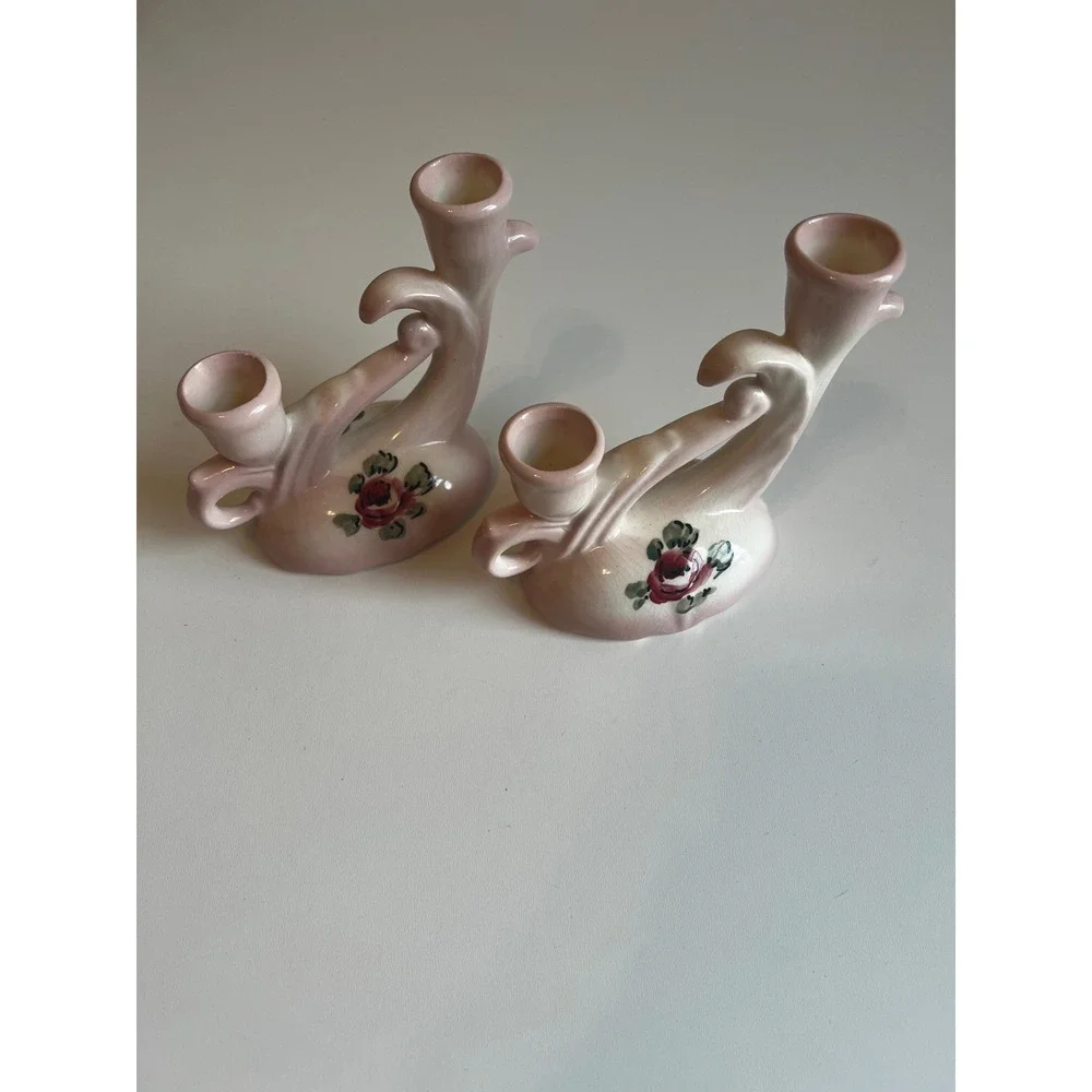 Vintage Camark Ceramic Double Candle Holders Pink Floral Rose  Pair‎